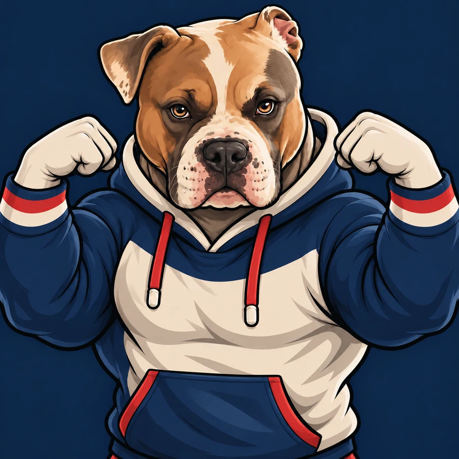 The American Bully mascot: a cream American Bully in a navy hoodie